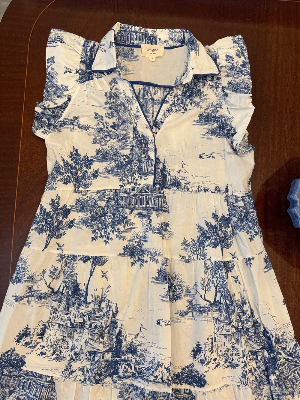 Umgee White and Blue Scenic Toile Tiered Dress - worn once. Great condition!